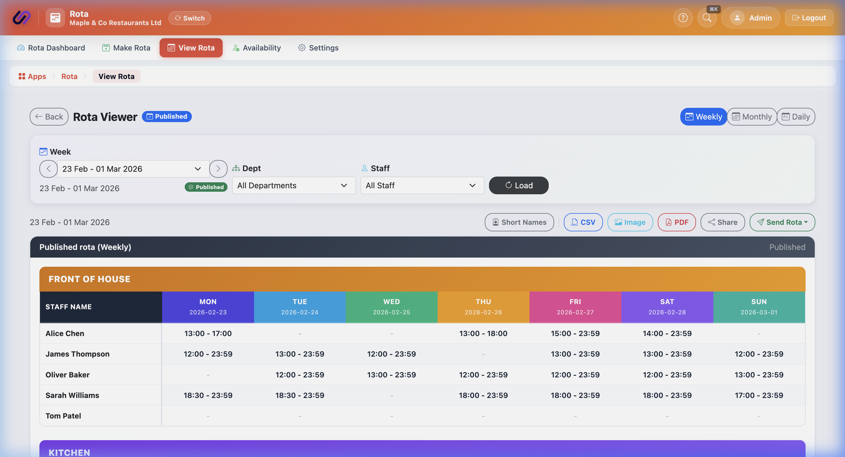 Weekly Staff Rota Table